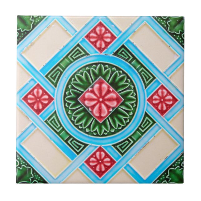 Azulejo De Cerámica Verde Rojo Peranakan Floral Geométrica Ornamental (Frente)