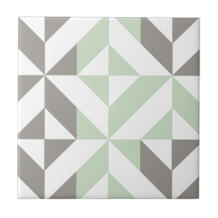 Azulejo De Cerámica Verde salvia y zigzag geométrico de la plata