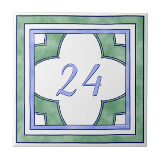 Azulejo De Cerámica Verde y número de casa grande azul claro