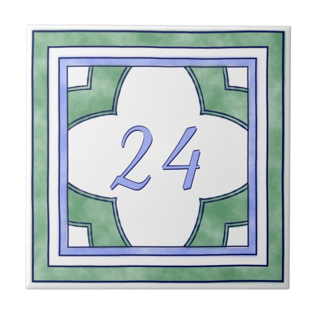 Azulejo De Cerámica Verde y número de casa grande azul claro (Frente)