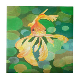 Azulejo De Cerámica Vermilion Goldfish Nadando En Burbujas Verdes