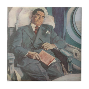 Azulejo De Cerámica Viajes de negocios vintage, leyendo en el avión