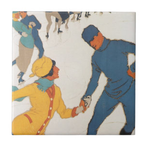 Azulejo De Cerámica Viajes vintage, Art Déco, invierno Davos Suiza