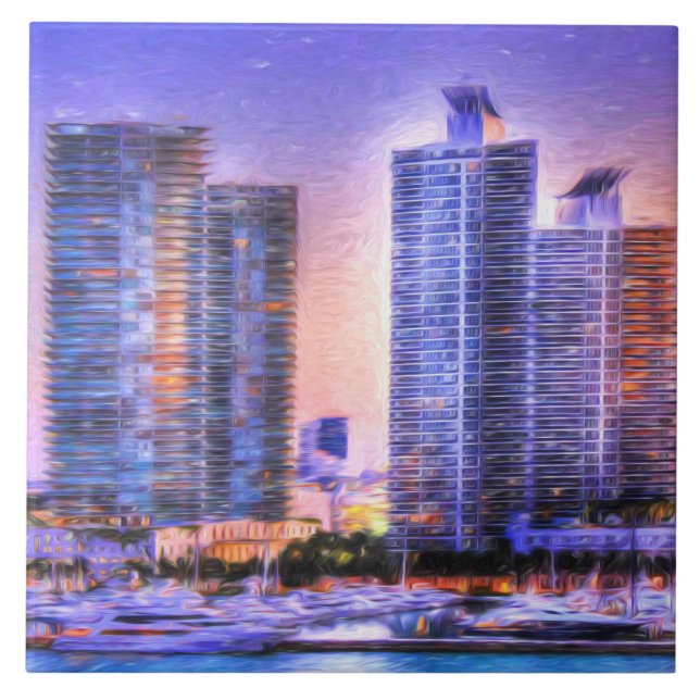 Azulejo De Cerámica Vibrante Miami Skyline Sunrise (Frente)