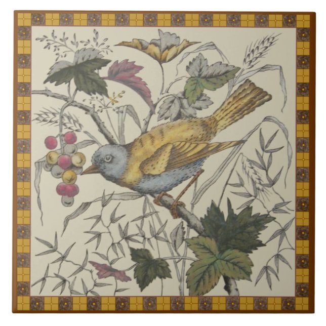 Azulejo De Cerámica Victoriano Bird 'n Berries Transferware Tile Repro (Frente)