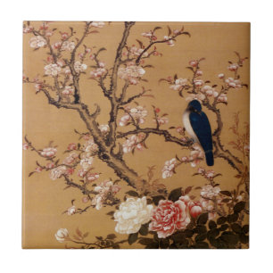 Azulejo De Cerámica Vieja pintura japonesa del vintage de un pájaro e