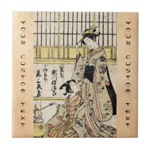 Azulejo De Cerámica Viejo desplazamiento ukiyo-e geisha japonés de Gu