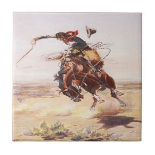 Azulejo De Cerámica Viejo vaquero occidental que monta el caballo