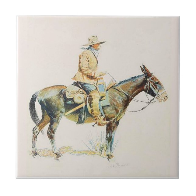 Azulejo De Cerámica Viejo vaquero occidental que monta una mula (Frente)