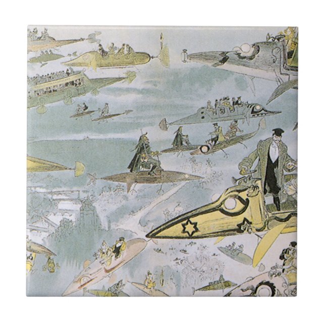 Azulejo De Cerámica Viñeta Ciencia Ficción Carros Futuristas, taxis (Frente)