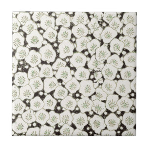 Azulejo De Cerámica Vintage 1902 Japonés Floral: Flor Blanca Negra