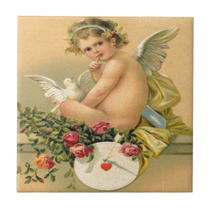 Azulejo De Cerámica Vintage, ángel del Cupid, paloma y rosas