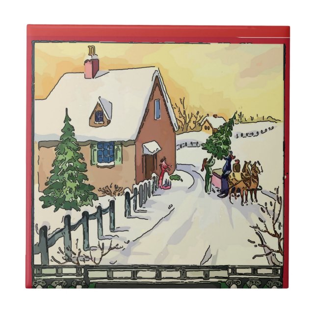 Azulejo De Cerámica Vintage Christmas Farm Snow Tiles (Frente)