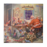 Azulejo De Cerámica Vintage Christmas, Santa Claus con Elves Workshop<br><div class="desc">Ilustracion de la Vintage. Imagen de feriado de Navidad con Jolly San Nicolás y sus elfos ocupados construyendo juguetes, muñecas, caballos mecedores, etc. en el taller de Santa en el Polo Norte en la Víspera de los Navidades. Santa Claus está revisando su lista traviesa o buena una vez más para...</div>