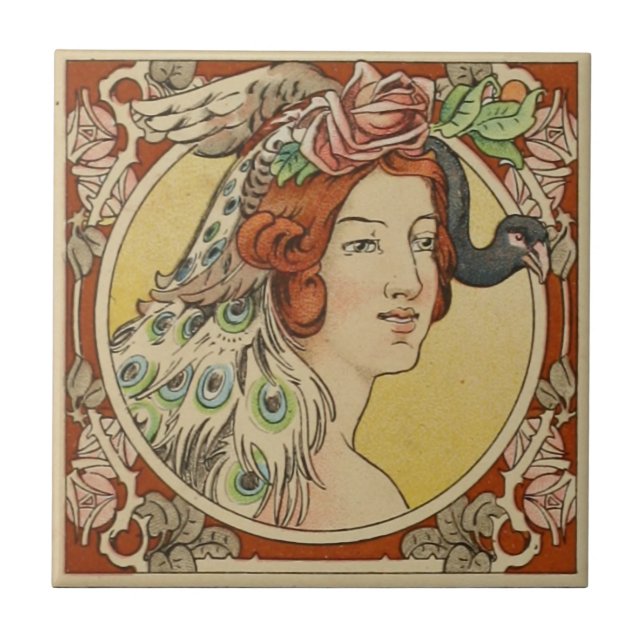 Azulejo De Cerámica Vintage Francesa Red Art Nouveau (Frente)