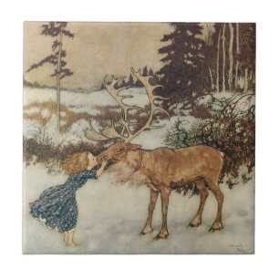 Azulejo De Cerámica Vintage Gerda y el Reno por Edmund Dulac