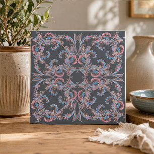 Azulejo de cerámica vintage paisley en azul pizarr