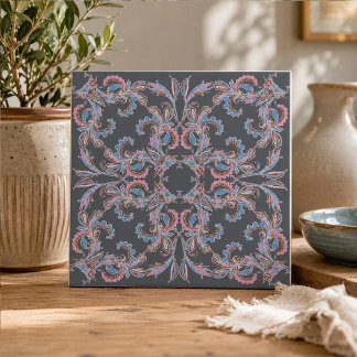 Azulejo de cerámica vintage paisley en azul pizarr