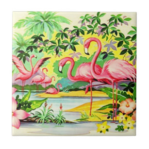 Azulejo De Cerámica Vintage Retro Pájaros Flamingo Rosados Que Se Aloj