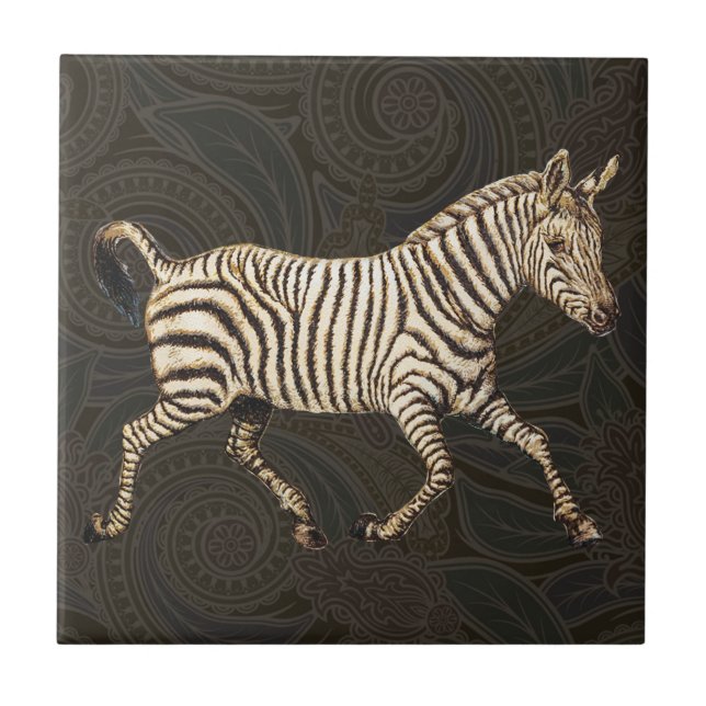 Azulejo De Cerámica Vintage zebra con diseño paisajista (Frente)