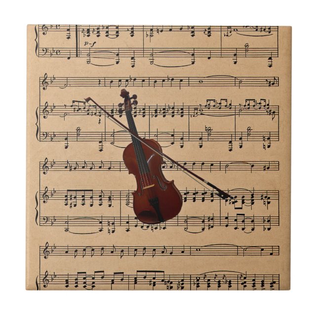 Azulejo De Cerámica Violín con fondo de partitura (Frente)