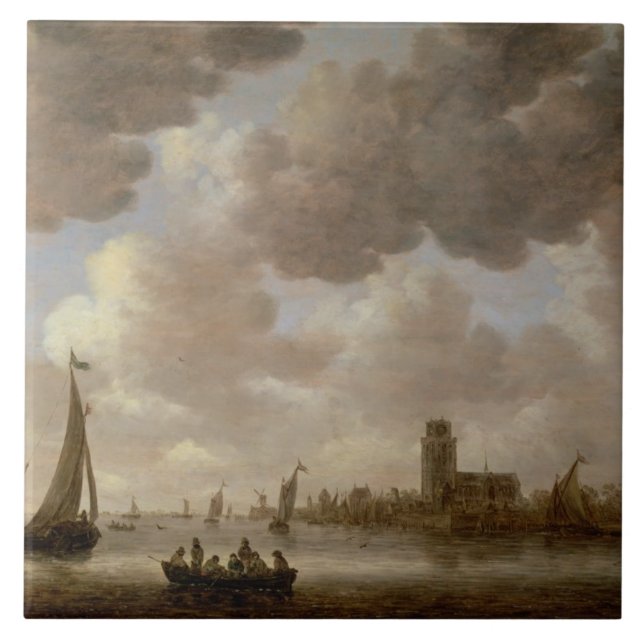Azulejo De Cerámica Vista de Dordrecht rio abajo del Grote Kerk, (Frente)