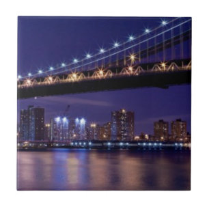 Azulejo De Cerámica Vista del puente de Manhattan en la noche