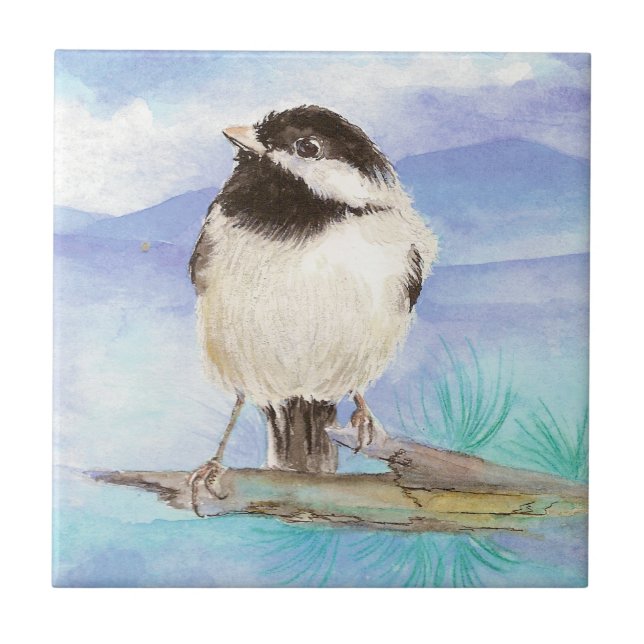 Azulejo De Cerámica Watercolor Chickadee Cute Little Bird Art (Frente)
