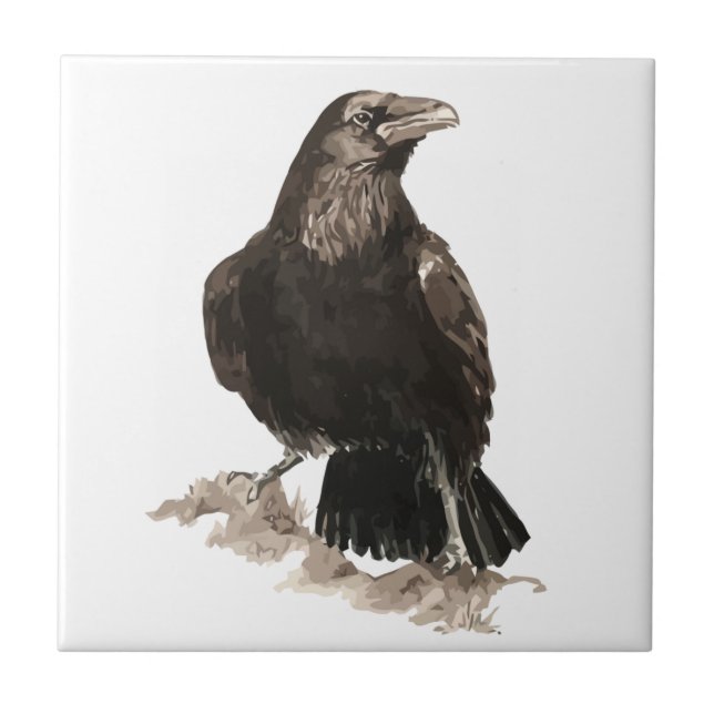 Azulejo De Cerámica Watercolor Raven Bird Wildlife Art (Frente)