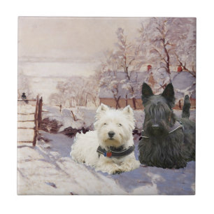Azulejo De Cerámica Westie y Scottie Urraca de Invierno