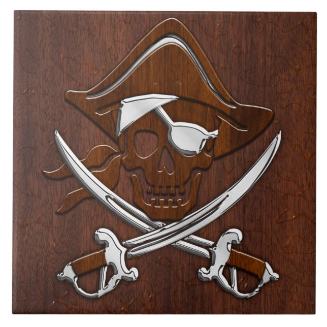 Azulejo De Cerámica Wet Nautical Mahogany Pirate Skull Steel (Frente)