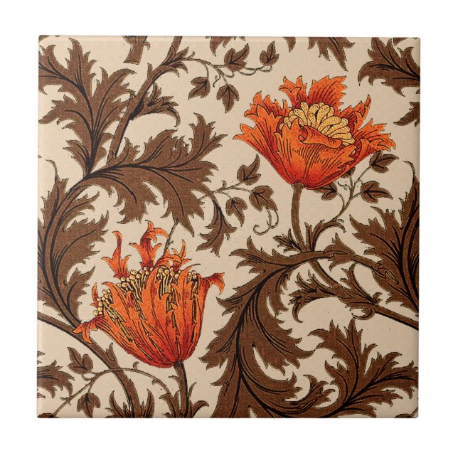Azulejo De Cerámica William Morris Anemone, Beige, Brown y Rust (Frente)