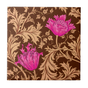 Azulejo De Cerámica William Morris Anemone, Brown y Fuchsia Pink