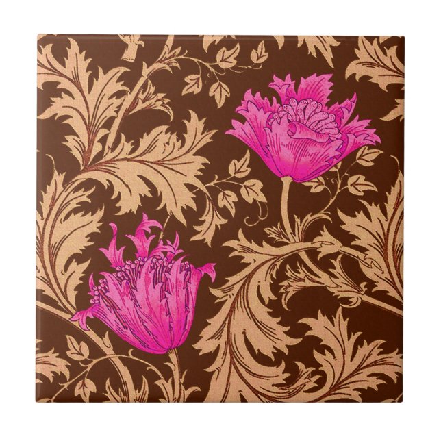 Azulejo De Cerámica William Morris Anemone, Brown y Fuchsia Pink (Frente)