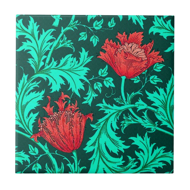 Azulejo De Cerámica William Morris Anemone, rojo profundo y turquesa (Frente)