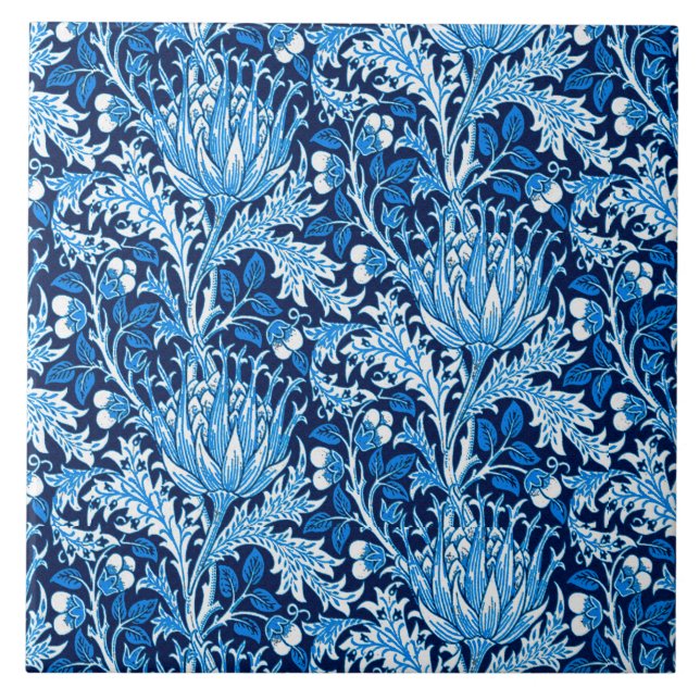 Azulejo De Cerámica William Morris Damask, Marina y Blanco (Frente)