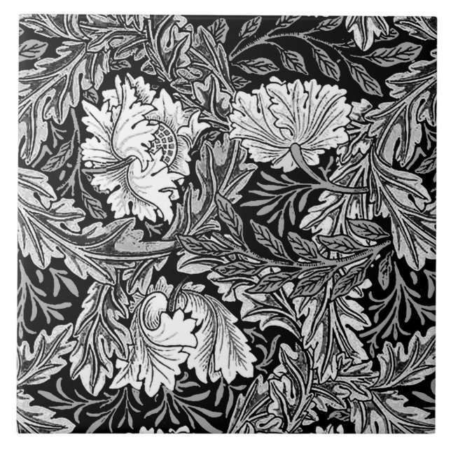 Azulejo De Cerámica William Morris floral, negro, blanco y gris/gris (Frente)