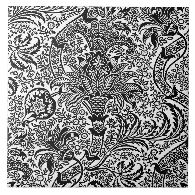 Azulejo De Cerámica William Morris indio, blanco y negro (Frente)