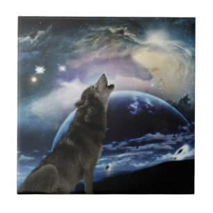 Azulejo De Cerámica Wolf gritando en la luna