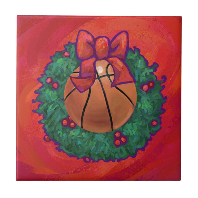 Azulejo De Cerámica Wreath sobre el baloncesto dentro de los Navidades (Frente)
