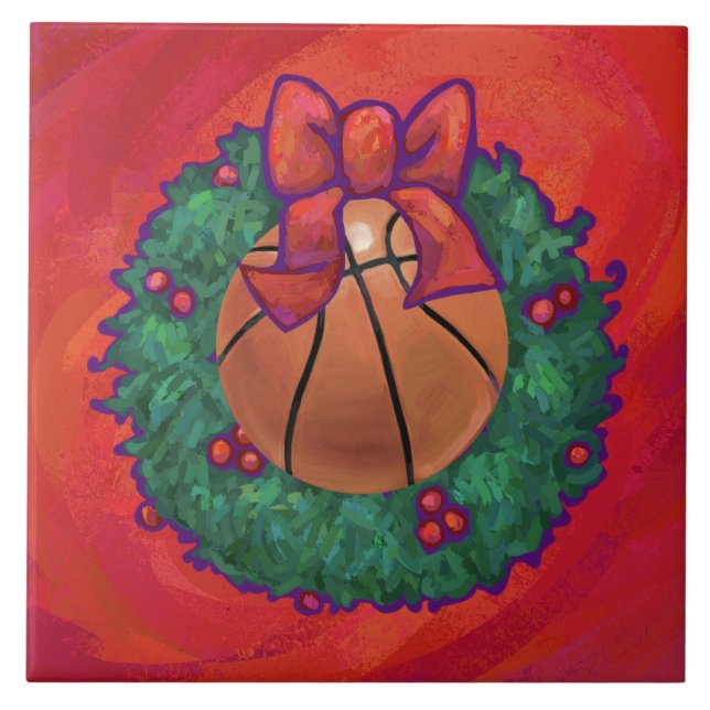 Azulejo De Cerámica Wreath sobre el baloncesto dentro de los Navidades (Frente)