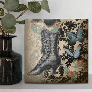 Azulejo De Cerámica zapato vintage de mariposa floral steampunk victor