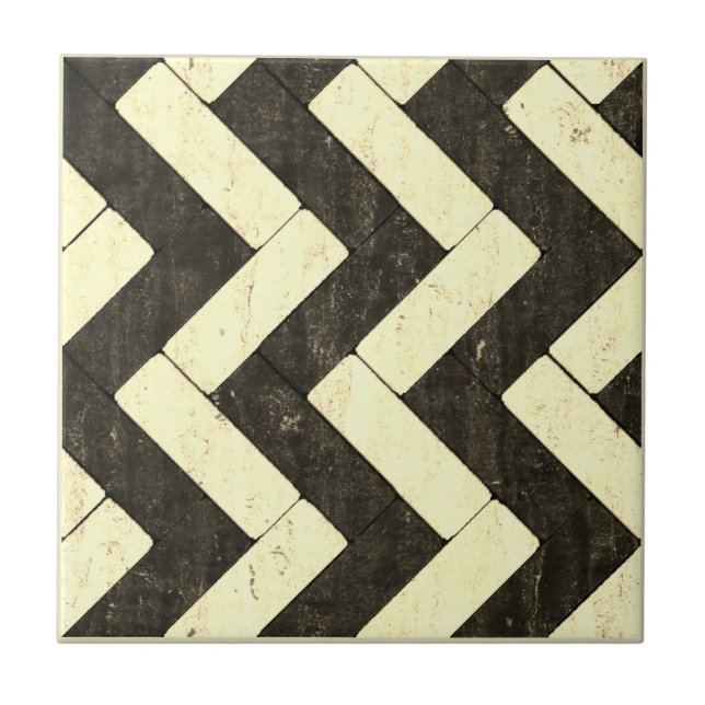 Azulejo De Cerámica Zig-Zag Palabras de ladrillo blanco y negro (Frente)