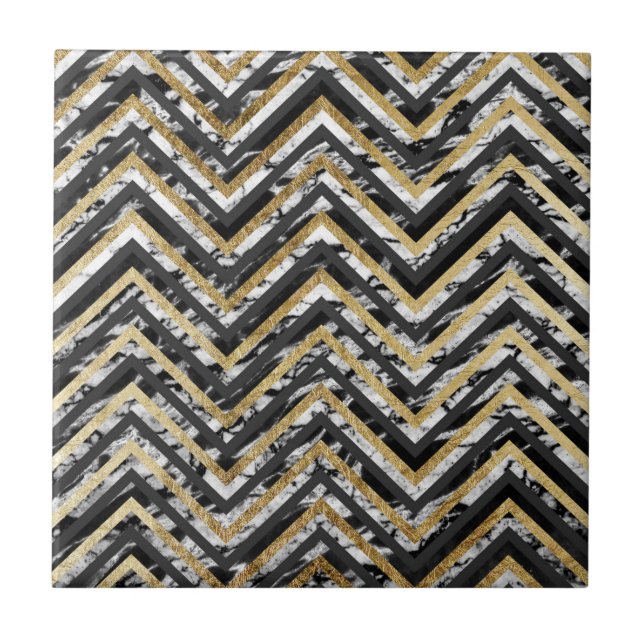 Azulejo De Cerámica Zigzag blanco y negro de Chevron del mármol y del (Frente)
