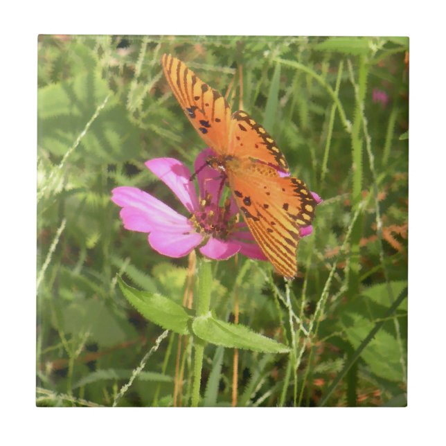 Azulejo De Cerámica Zinnia y mosaico de mariposas (Frente)