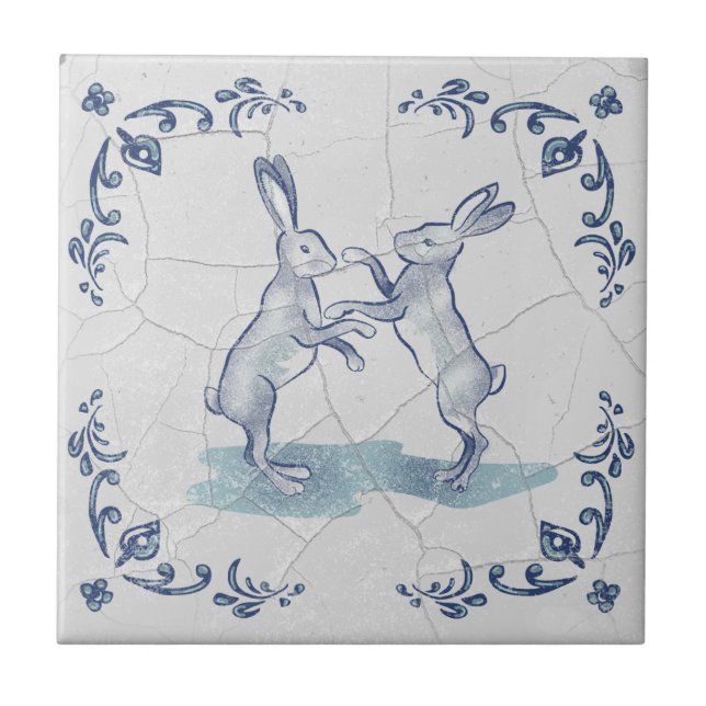 Azulejo de conejos boxeadores de Delft (Frente)