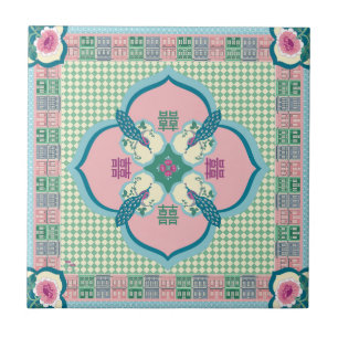 Azulejo de Doble Felicidad del Pavo Real Peranakan