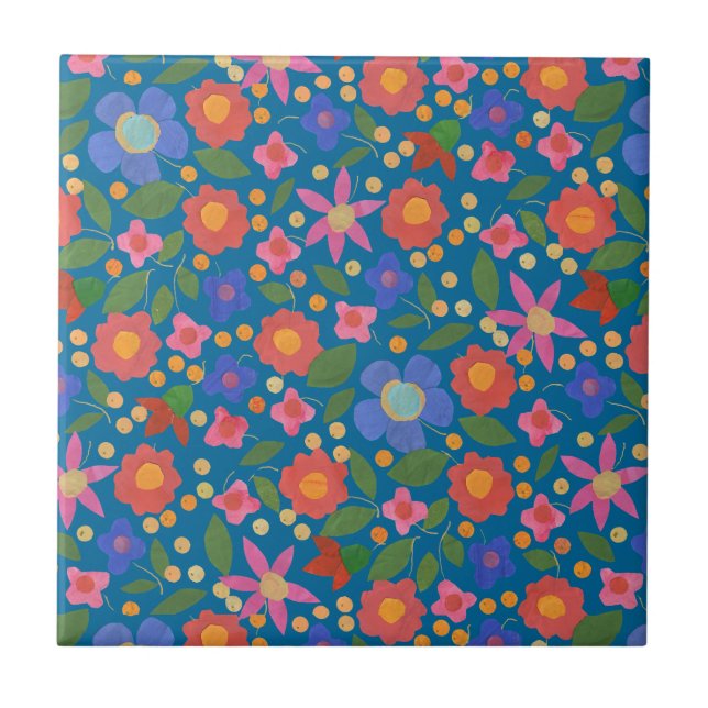 Azulejo de estilo arte popular floral sobre azul (Frente)