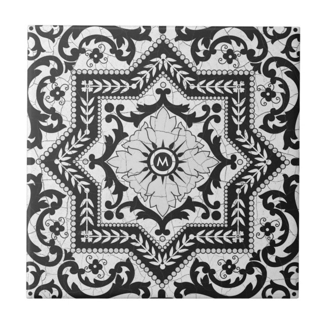 Azulejo de estilo cerámico negro y blanco roto (Frente)
