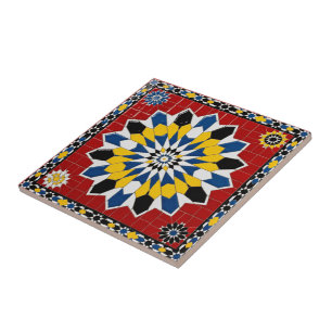 Azulejo de estrella Zellij marroquí rojo y amarill